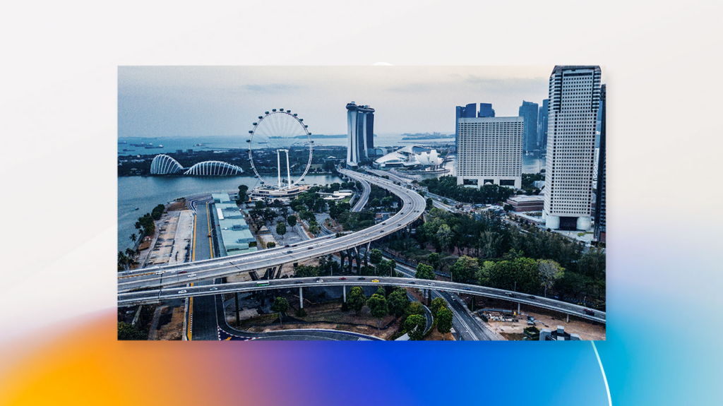 Aerial view of freeways leading to downtown Singapore.