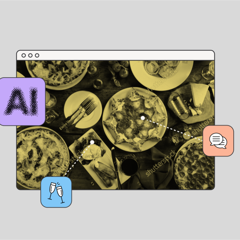 A sepia-toned image of a dinner table filled with various dishes, including pizzas and salads. Overlaid icons include a purple square with the text 'AI,' a blue square with clinking champagne glasses, and an orange square with a chat bubble, suggesting a theme of artificial intelligence, celebration, and conversation.