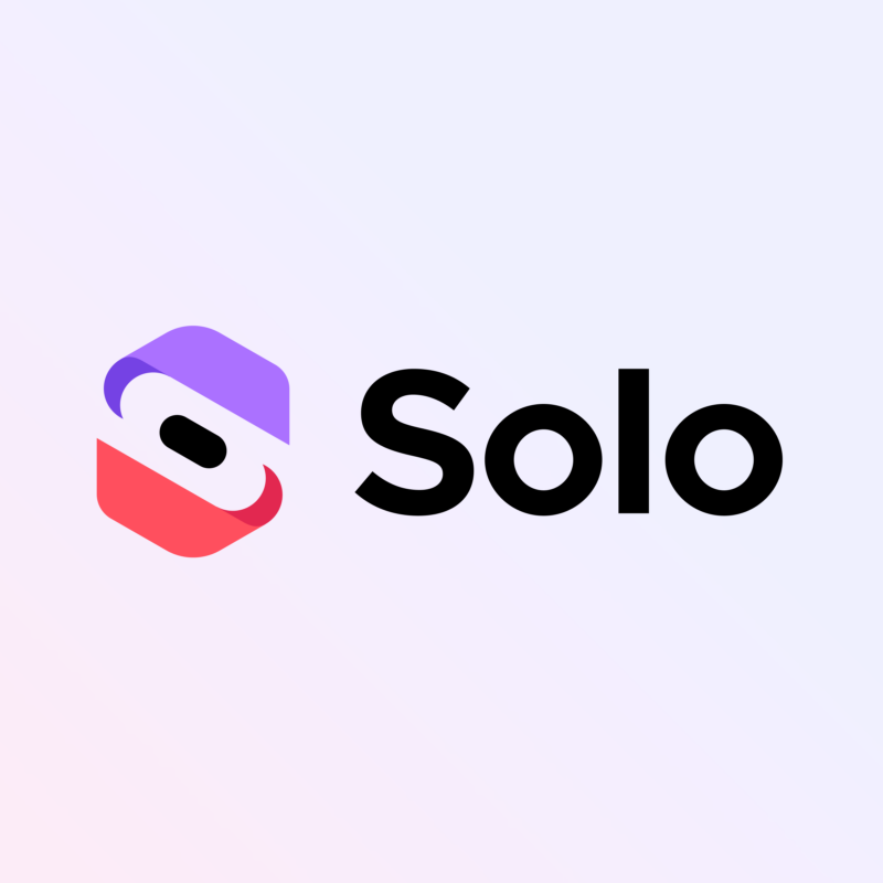 The logo features a stylized "S" in purple and red hues with a black oval shape in the center, next to the text "Solo" in bold black font.