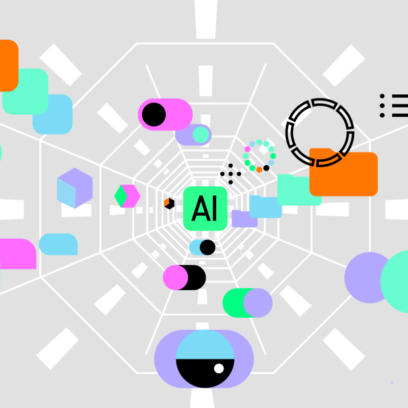 Colorful geometric shapes and abstract icons float toward a central point in a tunnel-like grid, with "AI" prominently displayed in the center.