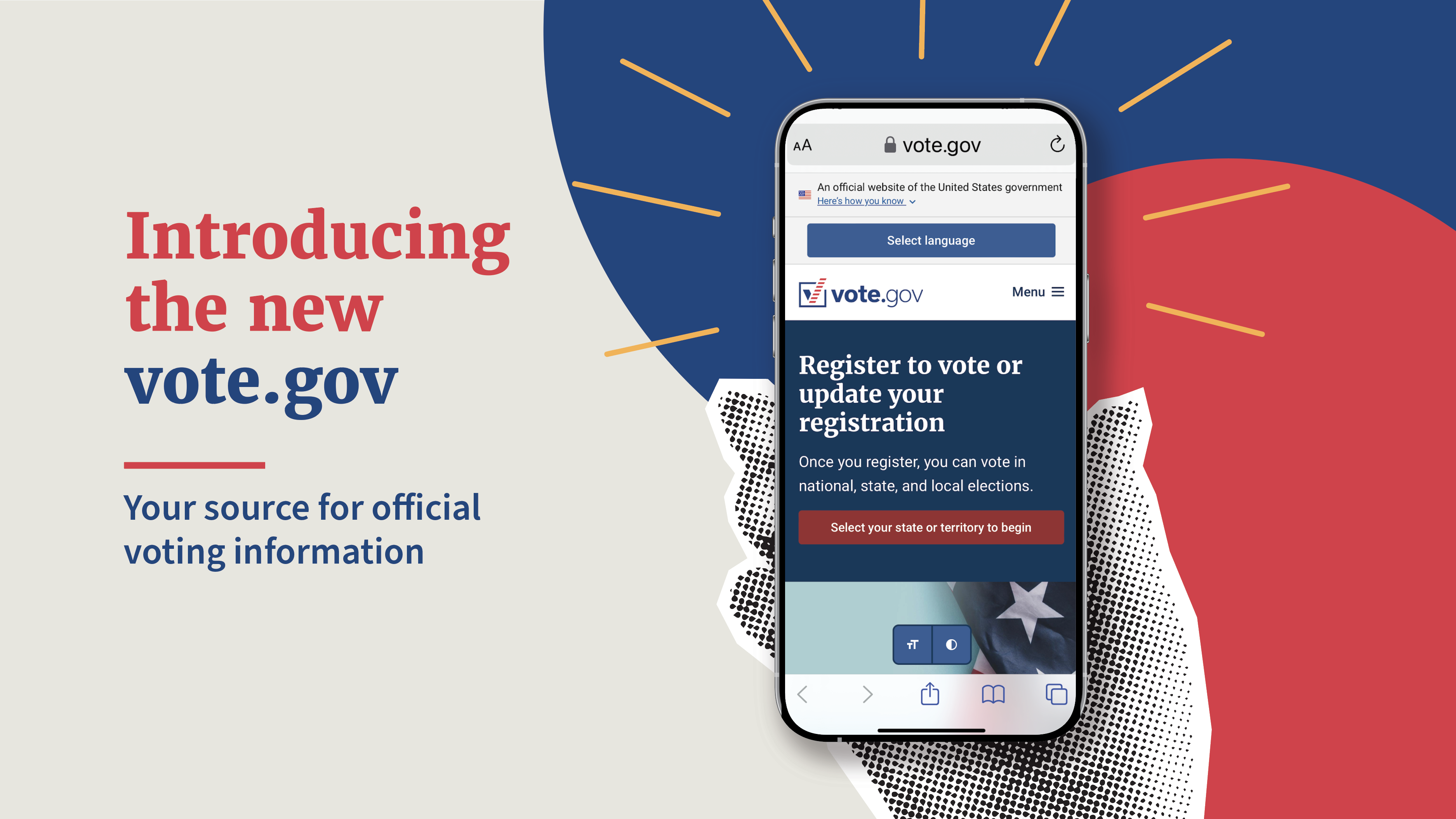 The text "Introducing the new vote.gov your source for official voting information" next to a smartphone showing the vote.gov website being held by a black and white hand in front of a red and blue backdrop