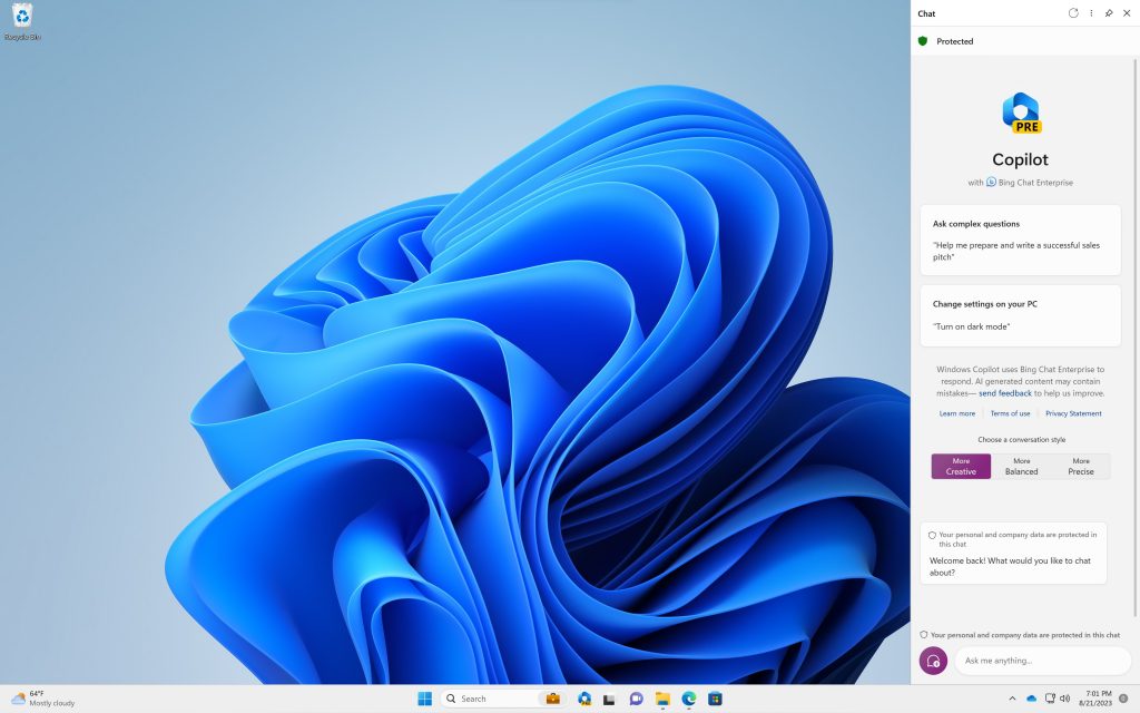 Windows Copilot Preview with Bing Chat Enterprise.