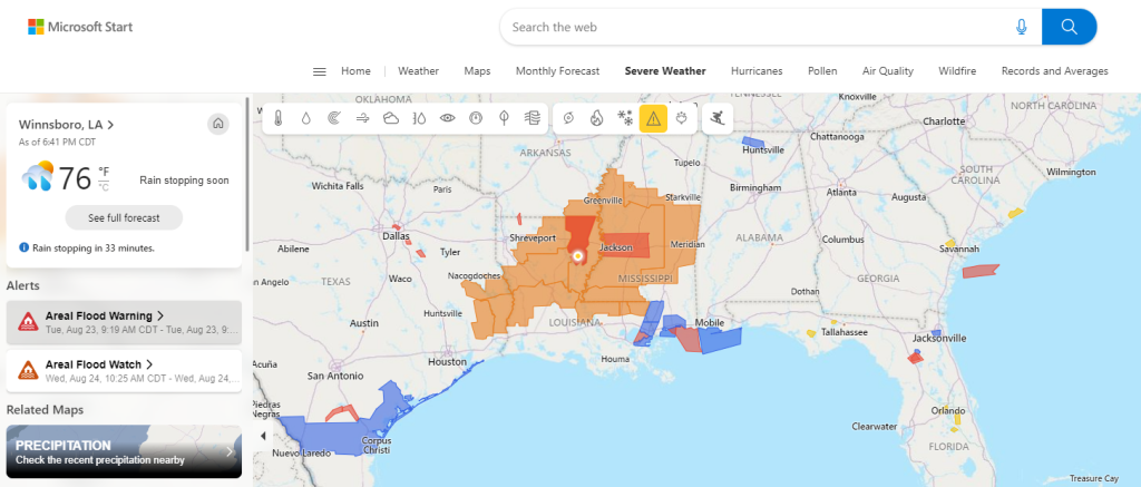 Map showing severe weather warning for Winnsboro, Louisiana