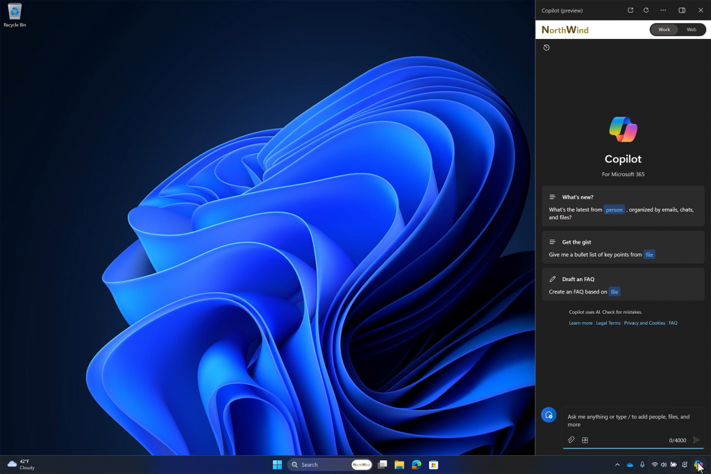 Screenshot of a Windows 11 desktop with Copilot in Microsoft 365 in Windows