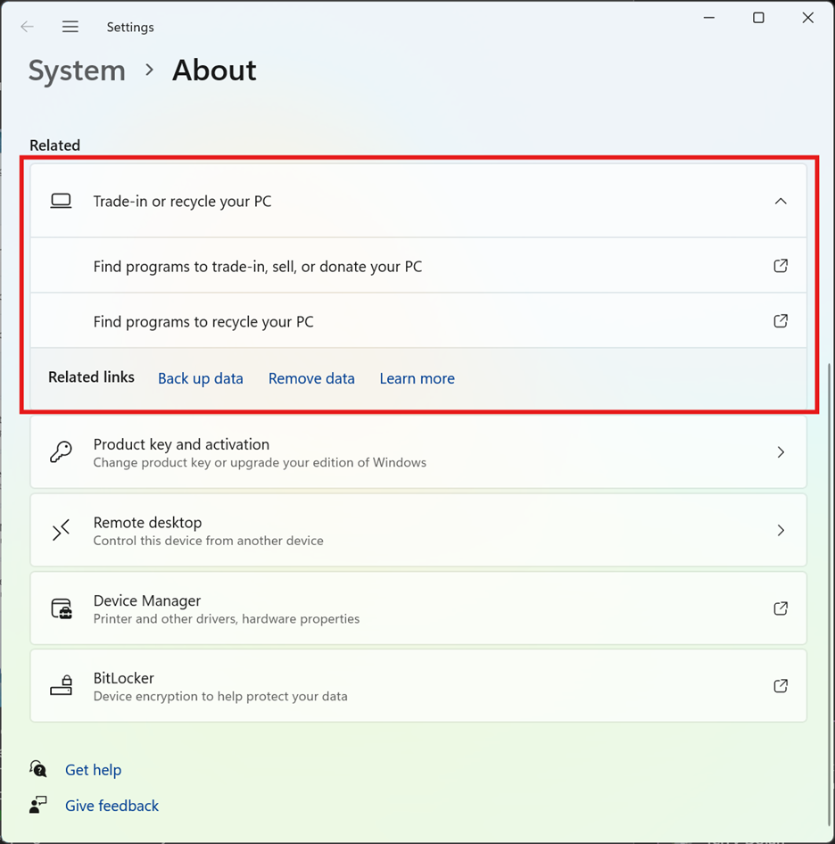 Trade-in and recycle options in System settings