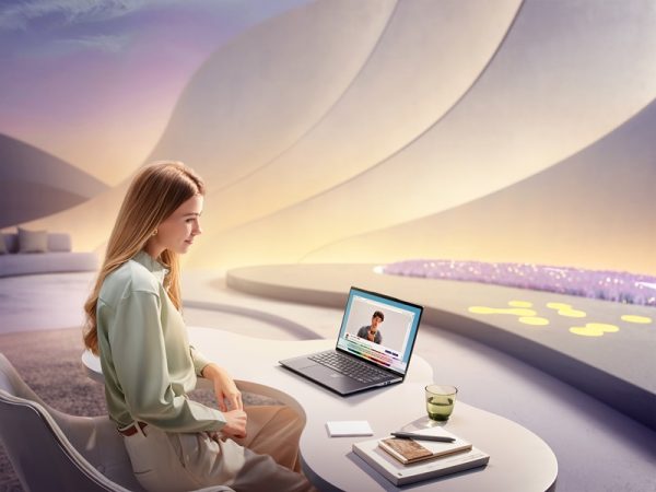 Woman sitting at a desk looking at a laptop