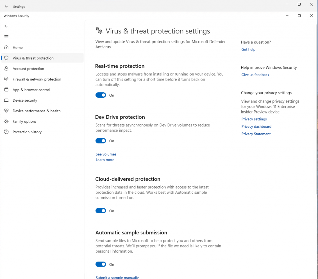 Virus and threat protection settings