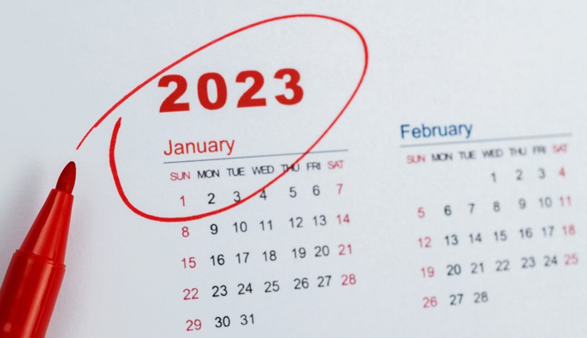 A calendar with the year 2023 circled in red marker.