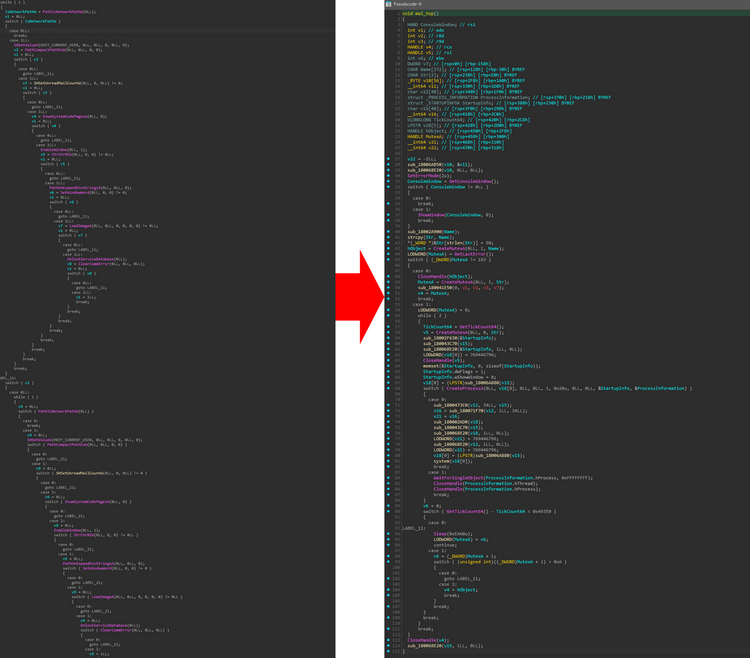 NOOPLDRのCFFされた関数（左）とCFF解除後の関数（右）