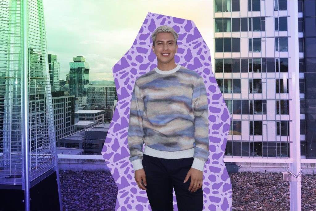 Alexis standing on a rooftop with a purple decorative outline around him.