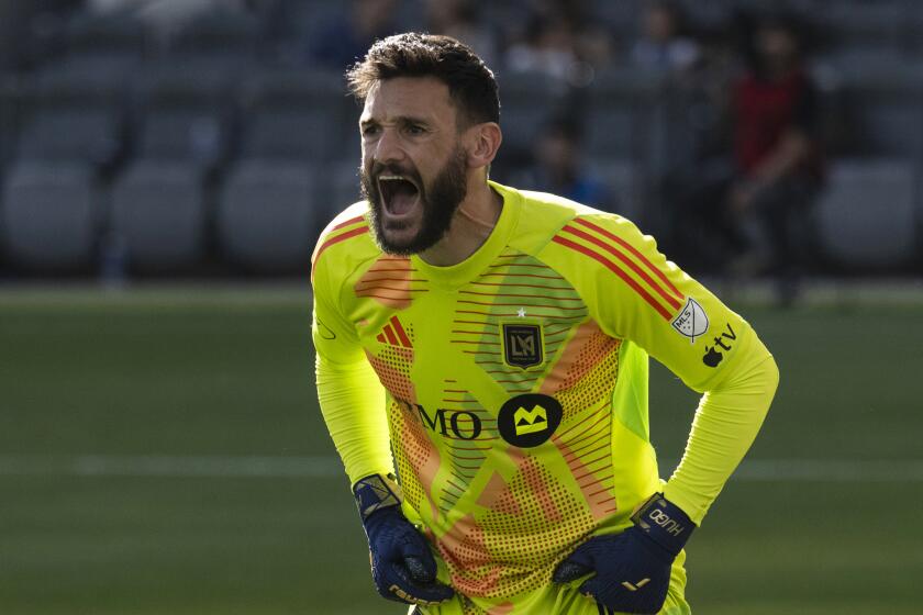 Los Angeles FC goalkeeper Hugo Lloris (1) reacts during an MLS soccer match.