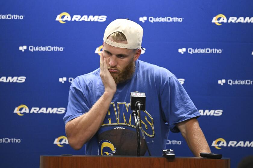 Los Angeles Rams wide receiver Cooper Kupp speaks to the media after an NFL football game against the Detroit Lions in Detroit, Monday, Sept. 9, 2024. (AP Photo/David Dermer)