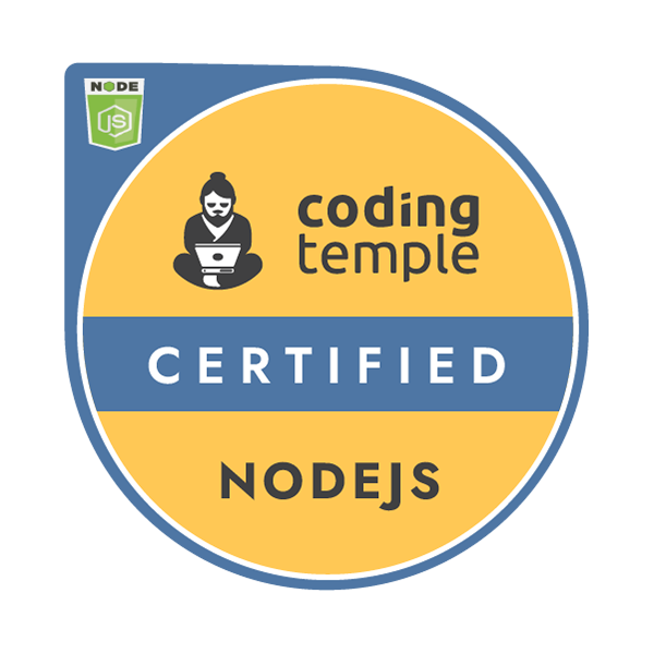 NodeJS Certified badge image. Certification. Foundational level. Issued by Coding Temple