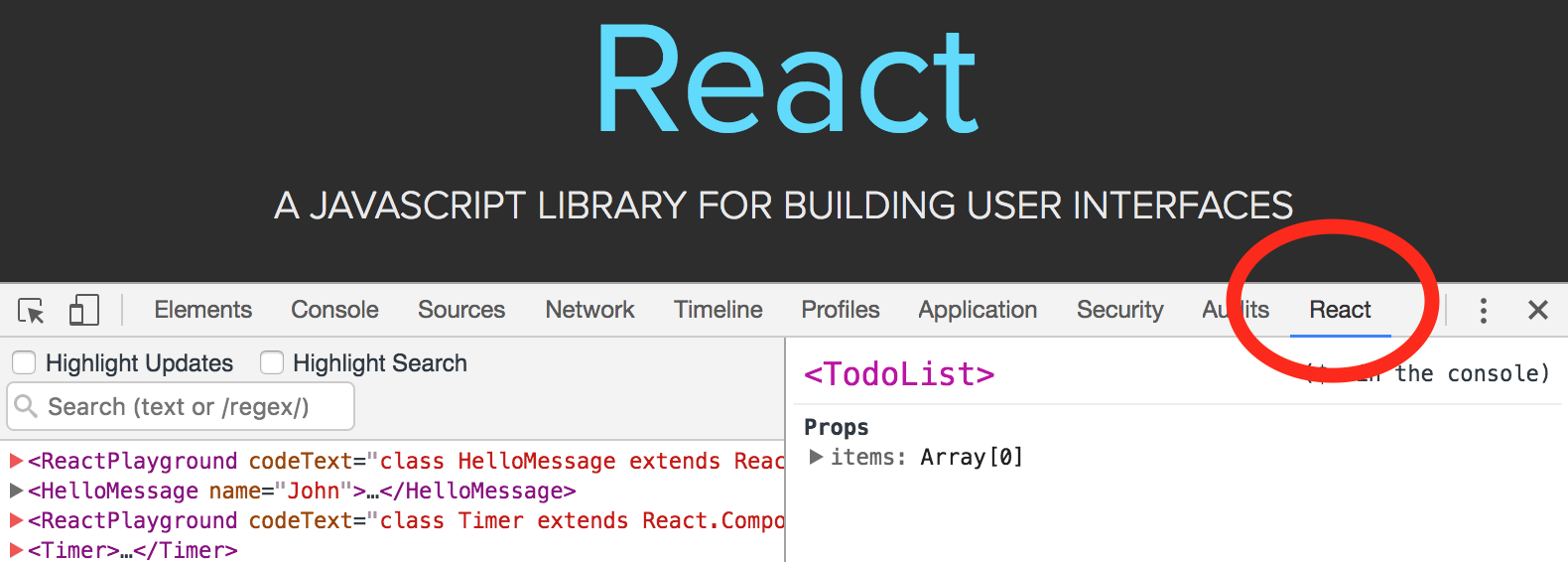 React tab in DevTools