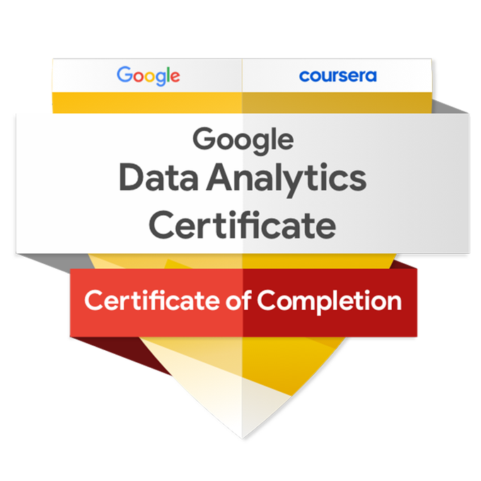 Google Data Analytics Professional Certificate badge image. Learning. Issued by Coursera