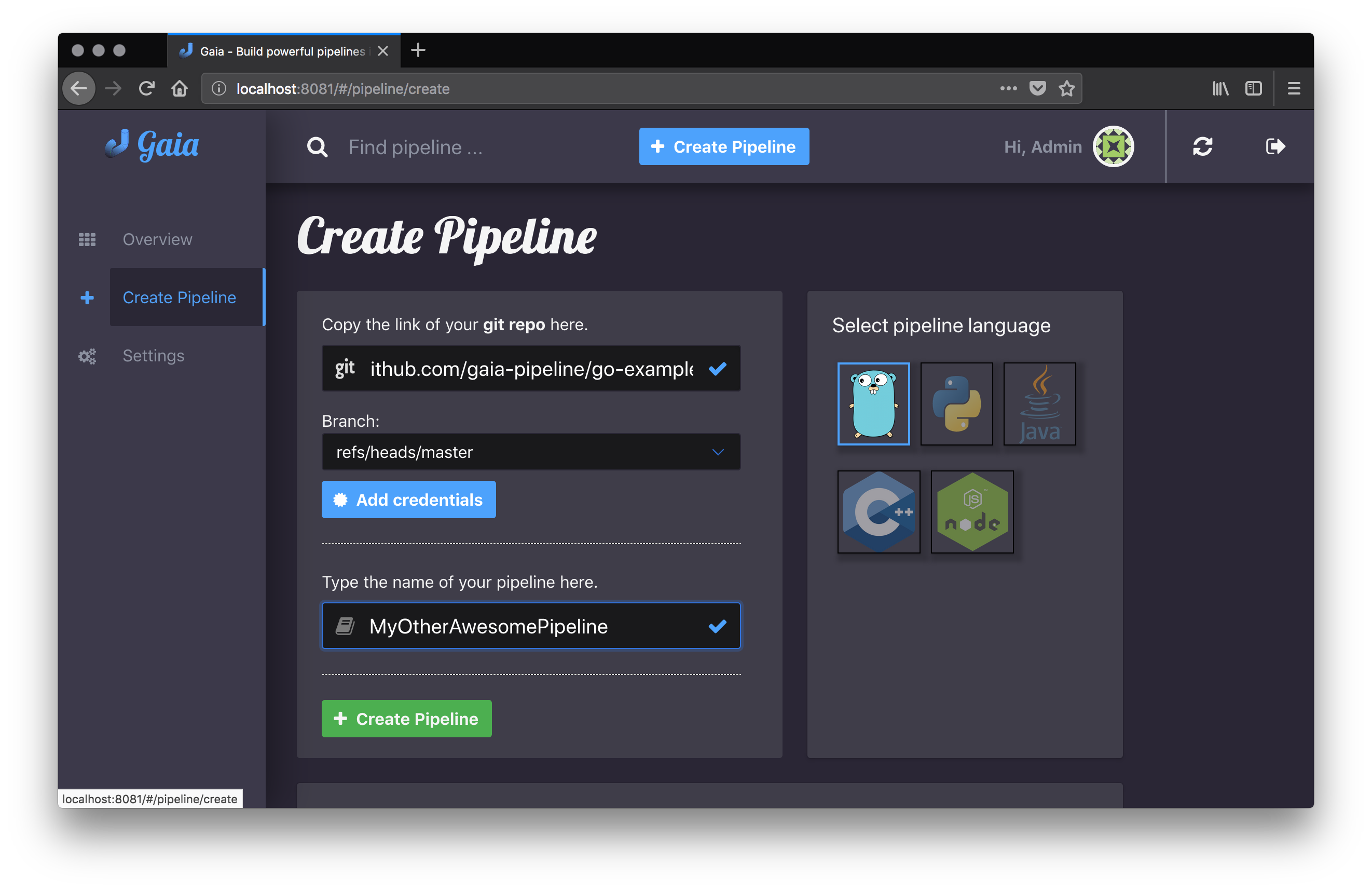 gaia create pipeline screenshot