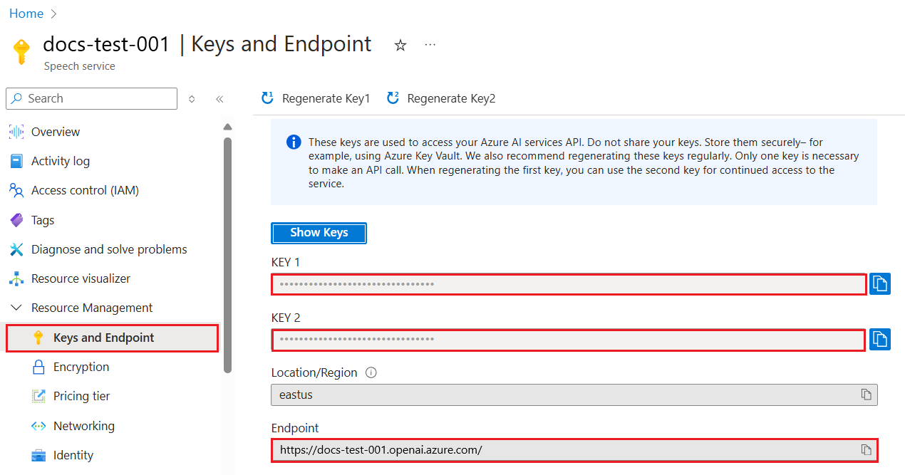 Keys and Endpoint resource blade in Azure Portal