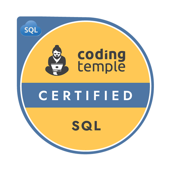 SQL Certified badge image. Certification. Foundational level. Issued by Coding Temple