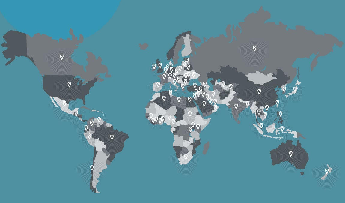 map of world in shades of grey on blue background, with map markers for all of the countries case western reserve law students are from