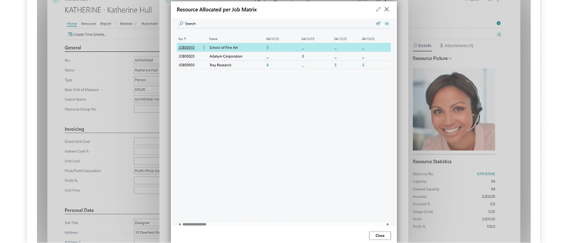 Resource allocation matrix showing details for Katherine Hull and related job information