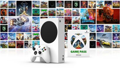 Una Xbox Series S con un mando de color Robot White y una tarjeta que dice Xbox Game Pass Ultimate, con un mosaico de portadas de juegos disponibles con Xbox Game Pass Ultimate en el fondo