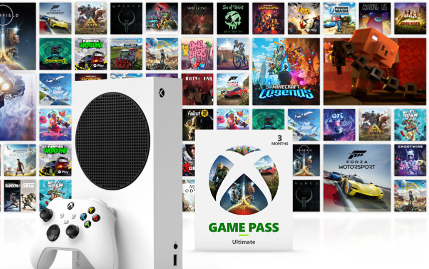 Xbox Series S z kontrolerem w kolorze Robot White i kartą z napisem Xbox Game Pass Ultimate, z mozaiką zdjęć pudełek przedstawiających gry dostępne w ramach subskrypcji Xbox Game Pass w tle