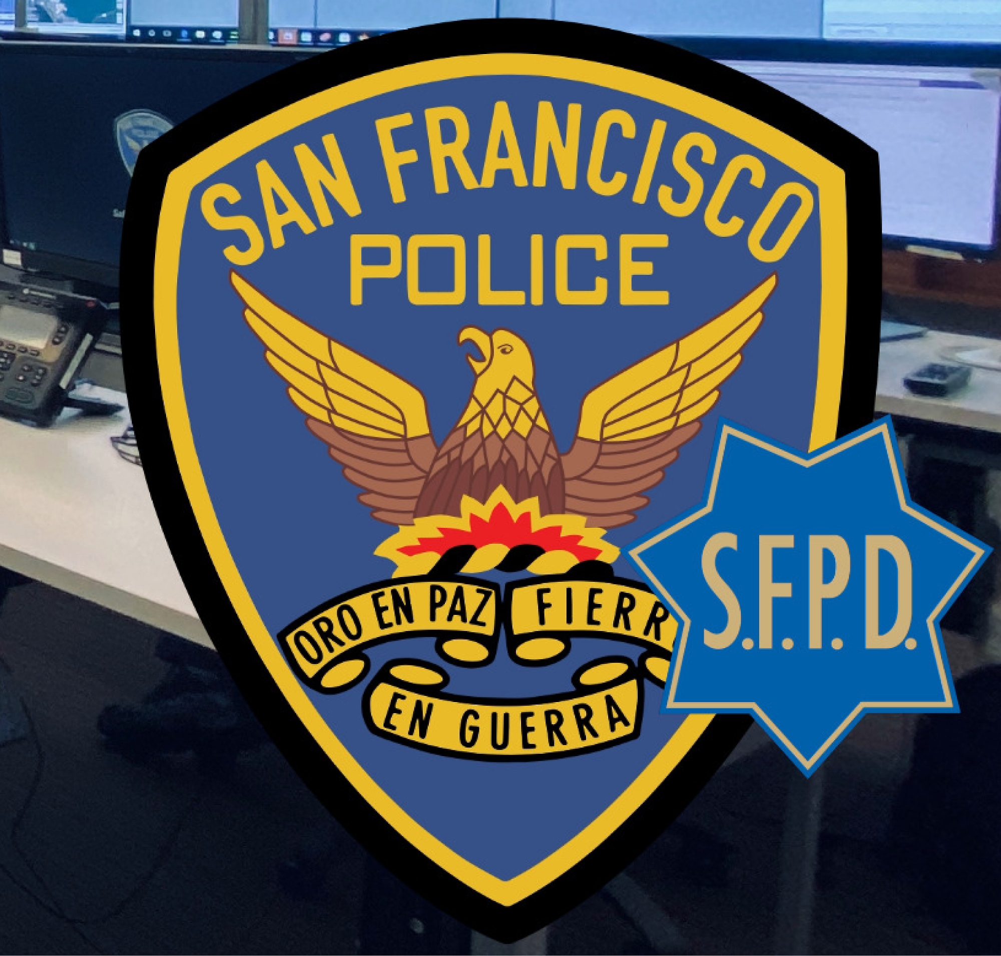 Abzeichen der Polizei von San Francisco mit dem Motto „oro en paz, fierro en guerra“ vor einem unscharfen Hintergrund 