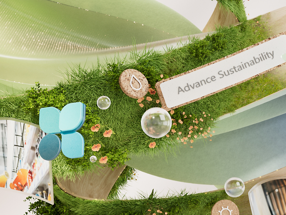 Advance sustainability badge on decorative grass adorned with flowers and bubbles