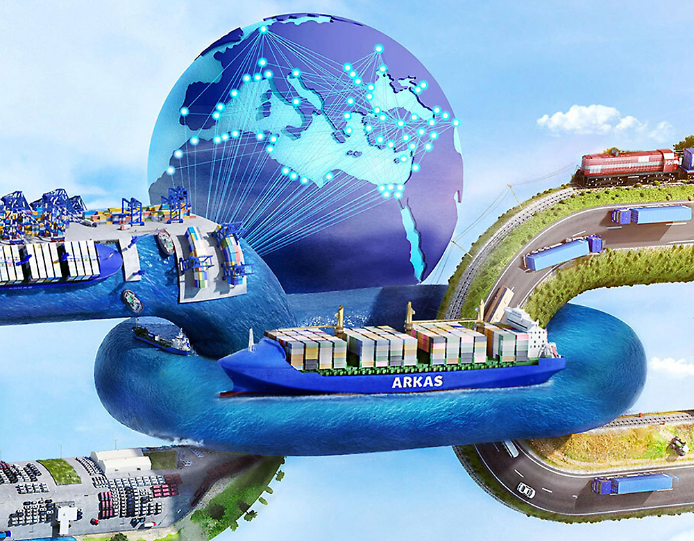 Illustration of global logistics, featuring a container ship, trucks,depictions of connected nodes on a globe in the background.
