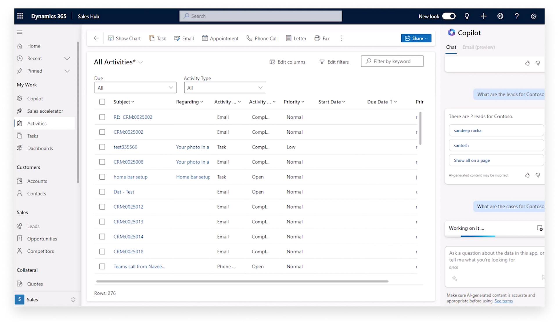 Dynamics 365 Sales Hub biedt verschillende functies, waaronder Start, Zoeken, Grafiektaak, E-mail, Afspraak, Faxbrief, Copilot