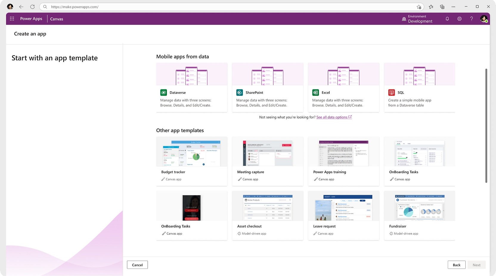 Window showing various templates to create an app