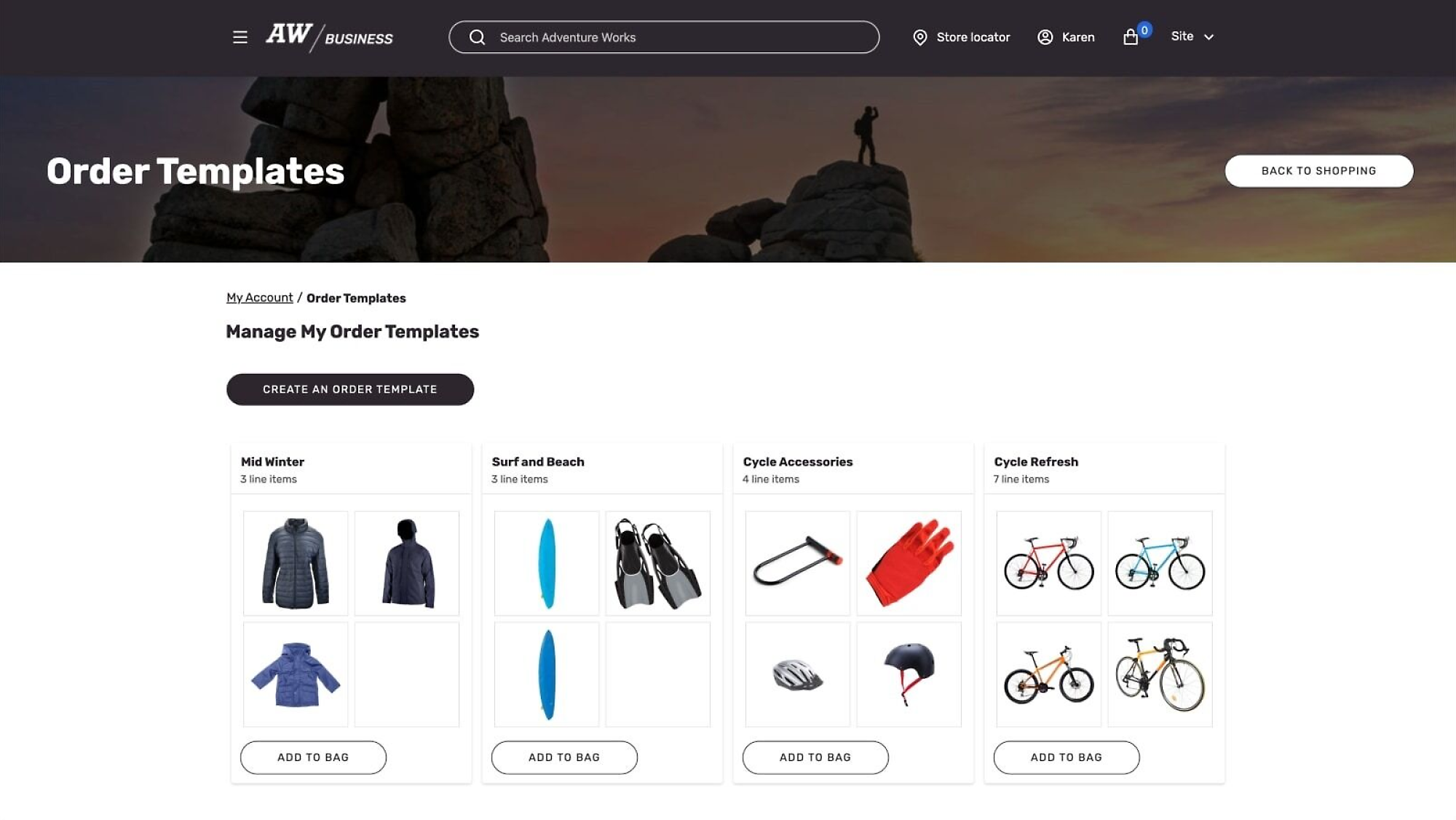Página Adventure Works mostrando modelos de pedido, opções de compra e botões adicionar à bolsa