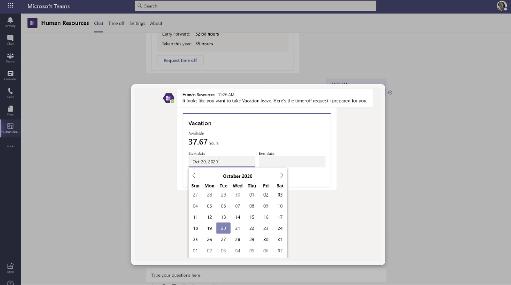 สกรีนช็อตของการแชทของ Microsoft Teams ที่แสดงข้อความจากฝ่ายทรัพยากรบุคคลเกี่ยวกับชั่วโมงวันหยุดพักผ่อน