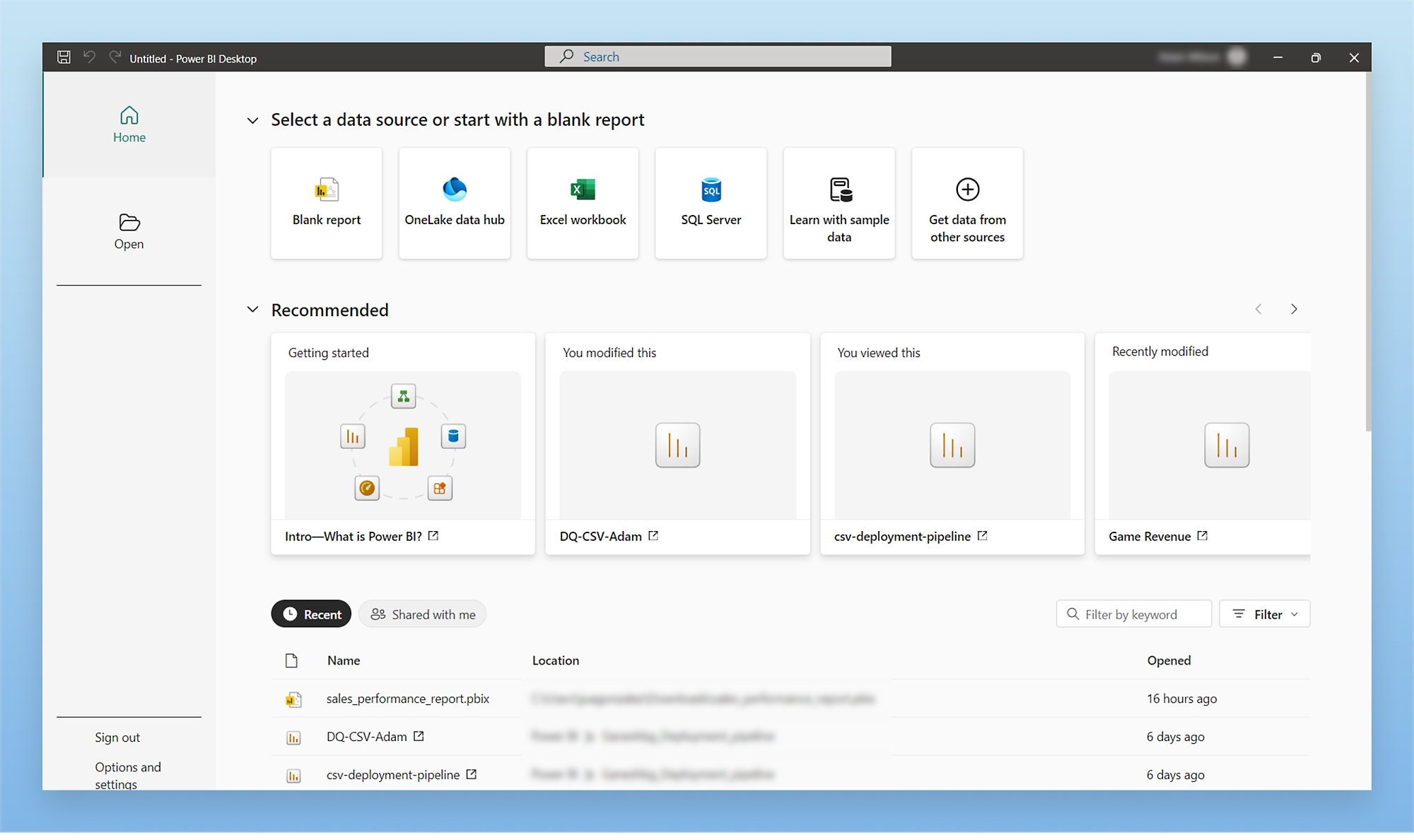 Screenshot of Power BI Desktop home screen displaying options to create or connect to a data source