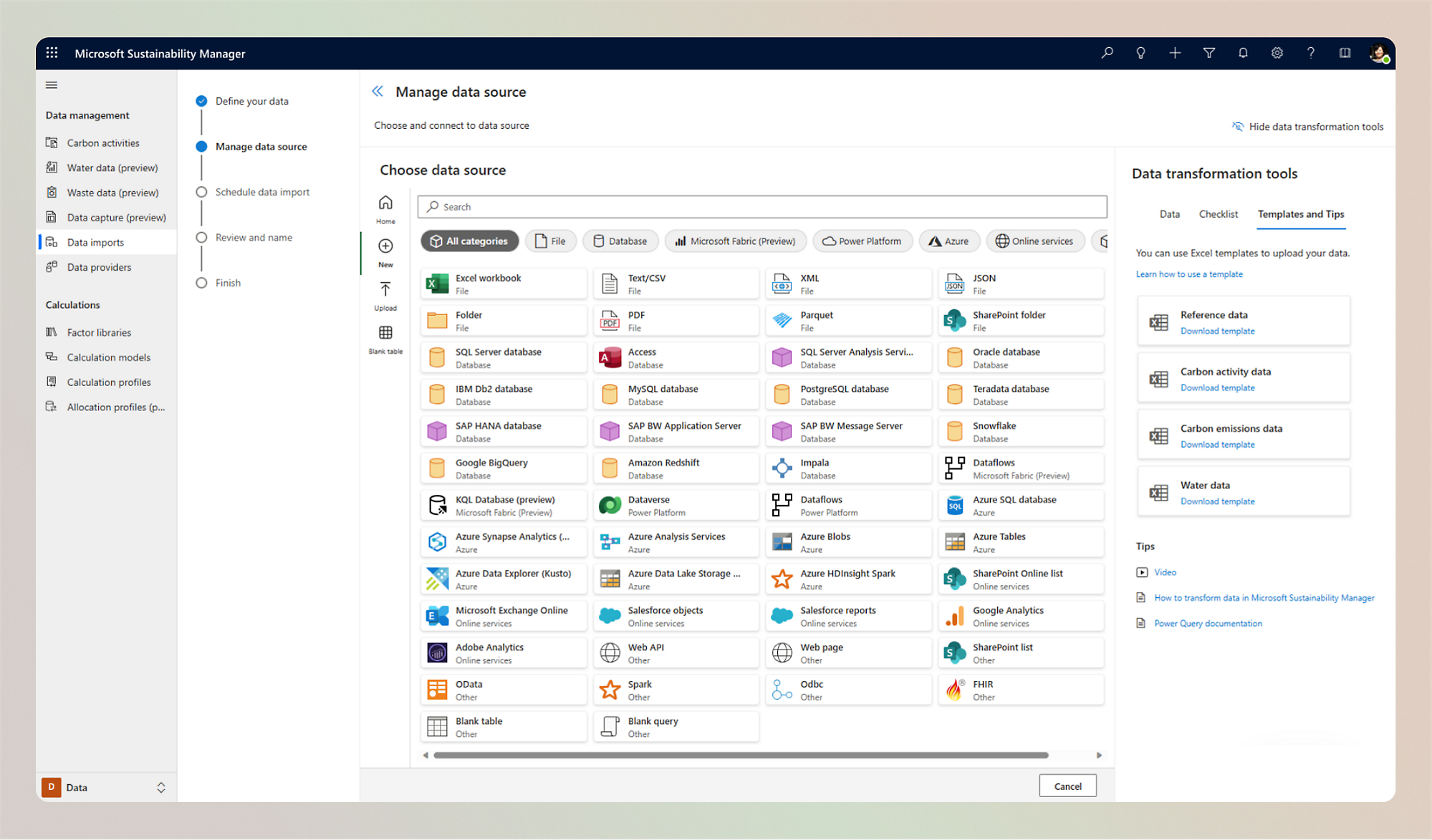 Microsoft Sustainability Manager interface Screenshot displaying options for choosing a data source with various cards and icons.