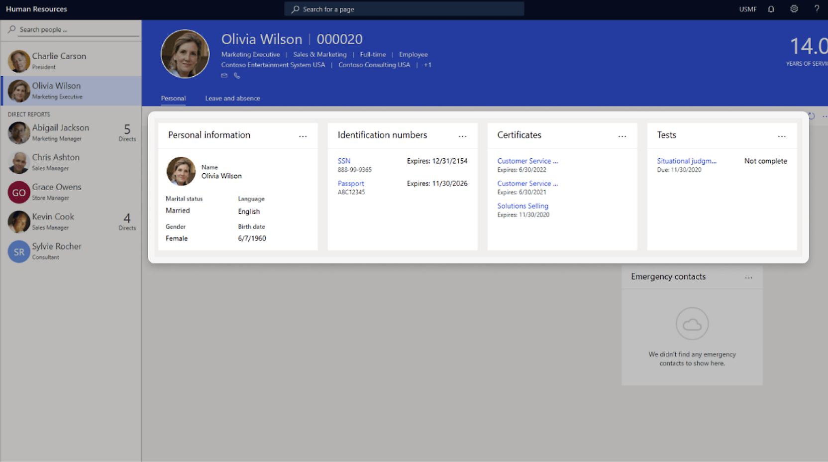 Uma captura de tela de uma interface de software de RH, mostrando um perfil de funcionário para Olivia Wilson, incluindo informações pessoais, números de identificação