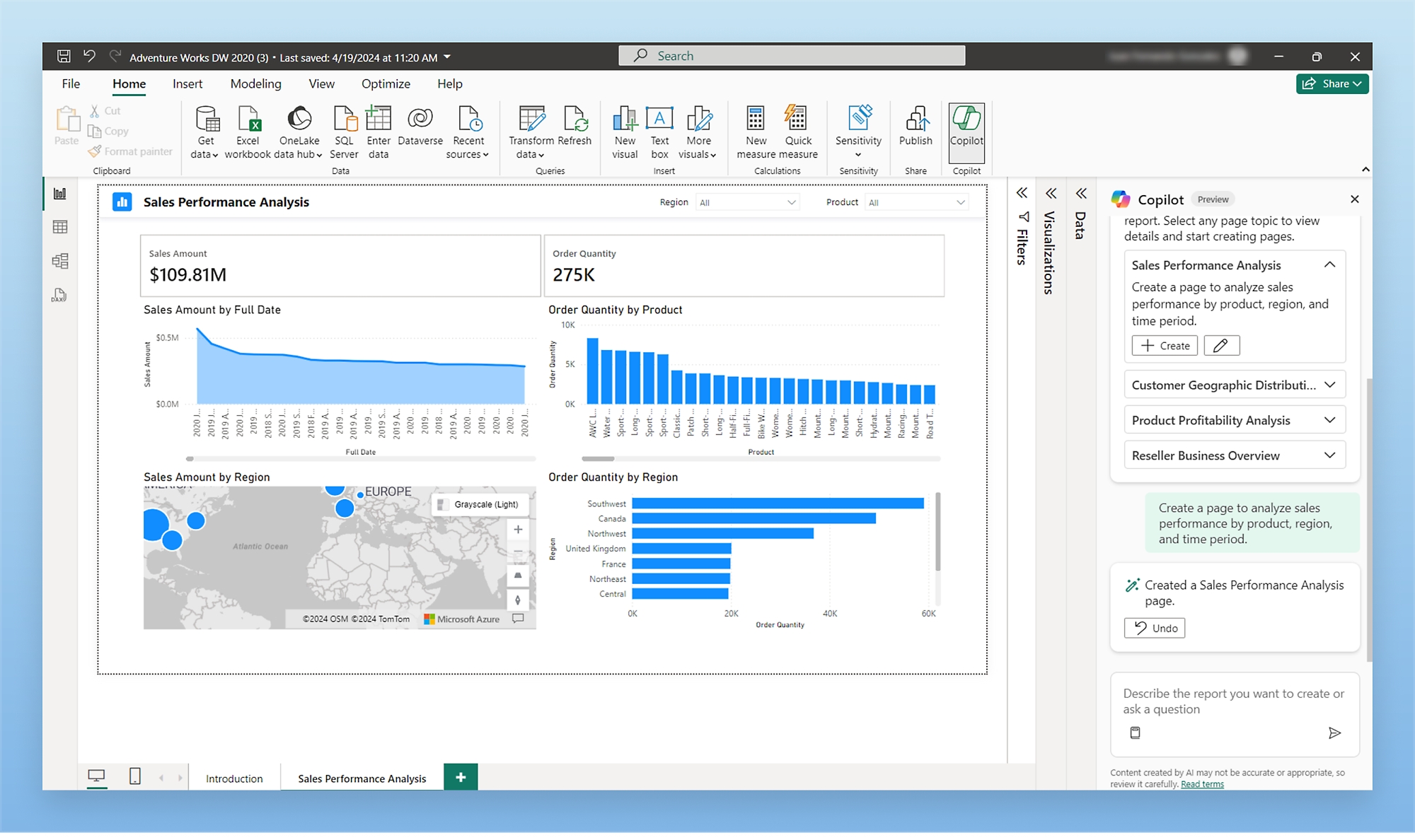 Screenshot des Dashboards mit verschiedenen Metriken und Diagrammen zur Analyse der Verkaufsleistung auf der Grundlage von Verkaufsbetrag und Auftragsmenge