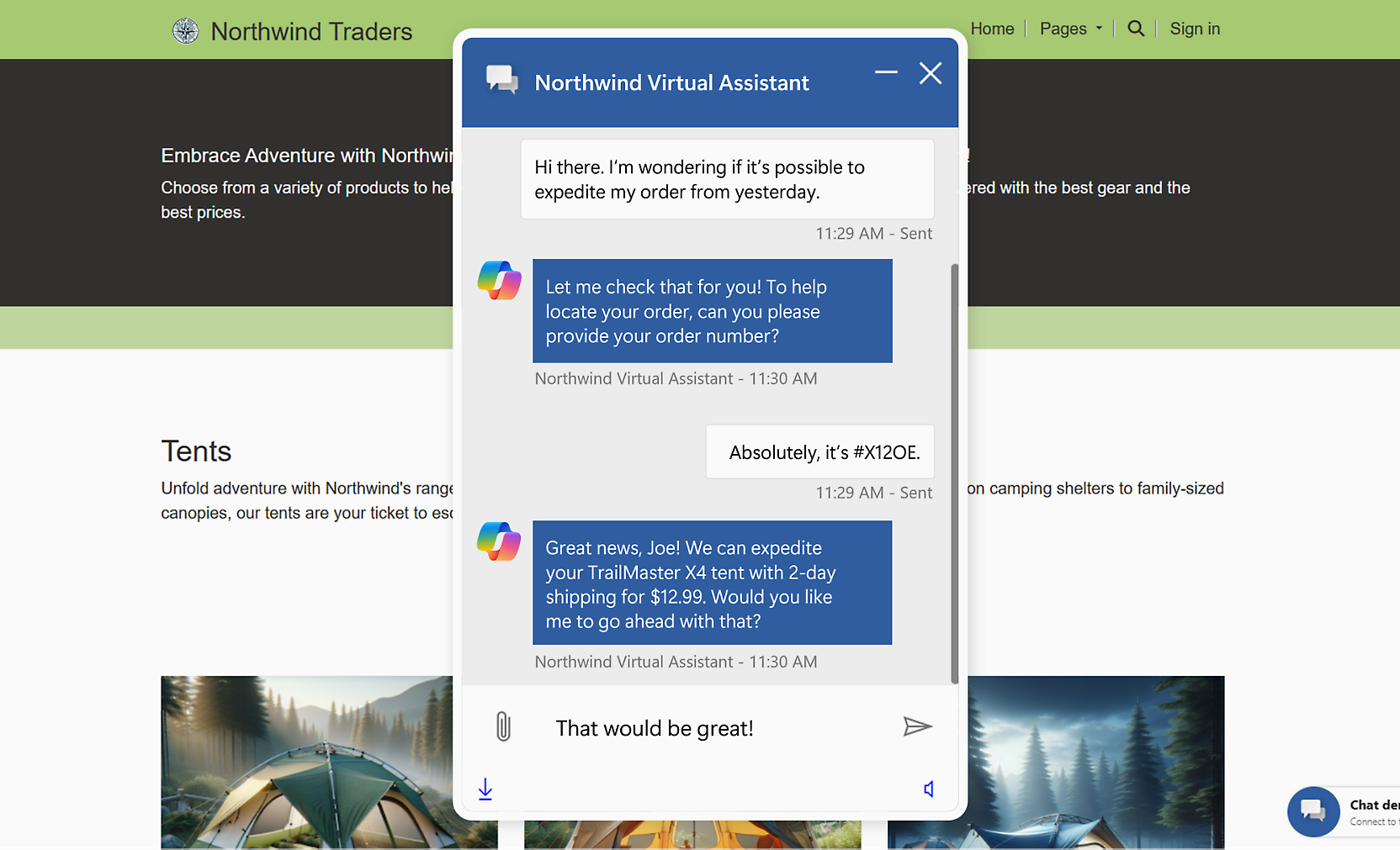 Una ventana de chat de Northwind Virtual Assistant aparece en un sitio web. En el chat se describe cómo acelerar un pedido