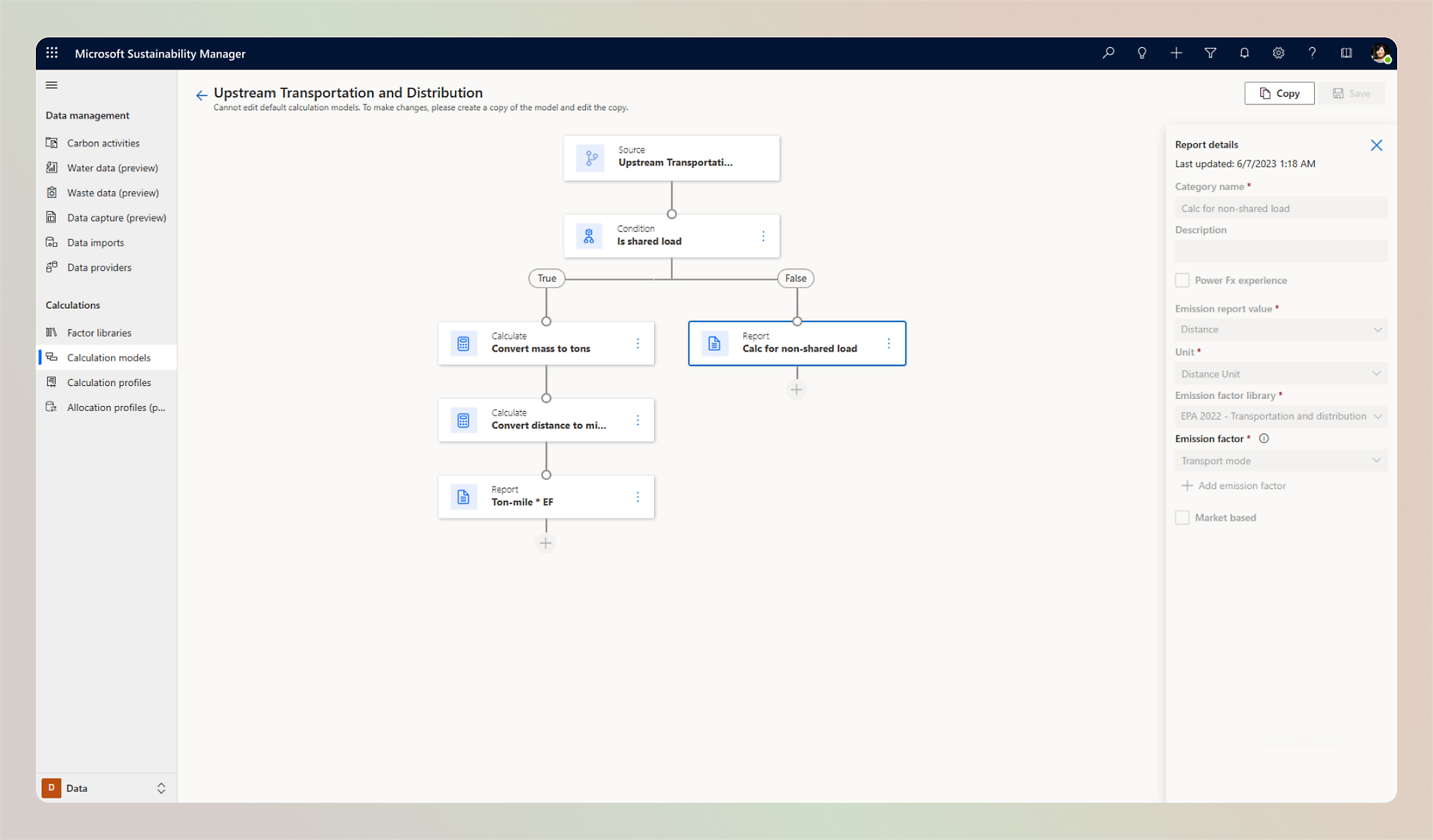 Microsoft Sustainability Manager 界面屏幕截图，其中显示了上游传输和分配流程图