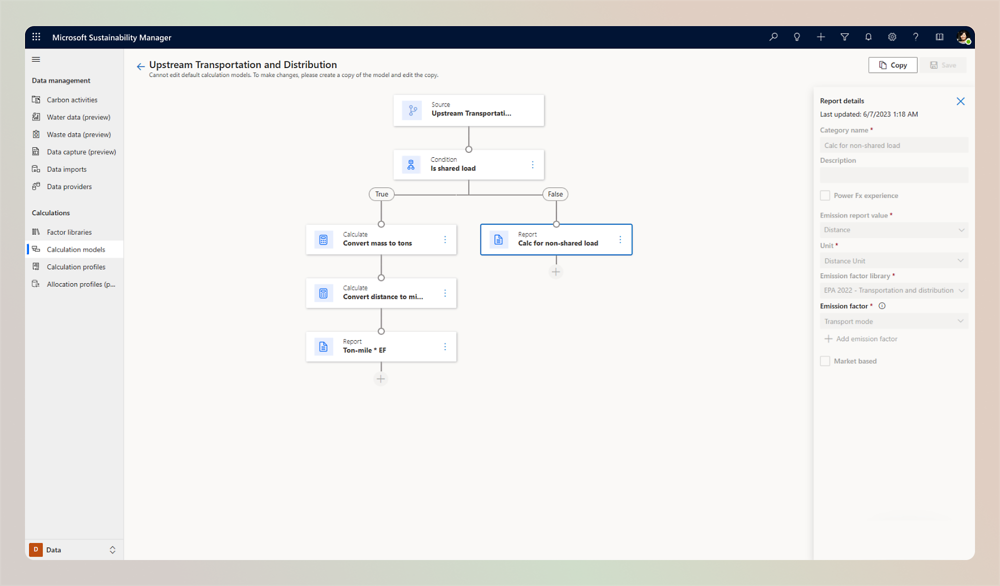 ภาพหน้าจออินเทอร์เฟซ Microsoft Sustainability Manager ที่แสดงผังงานการขนส่งและการจัดจำหน่ายขั้นต้นน้ำ