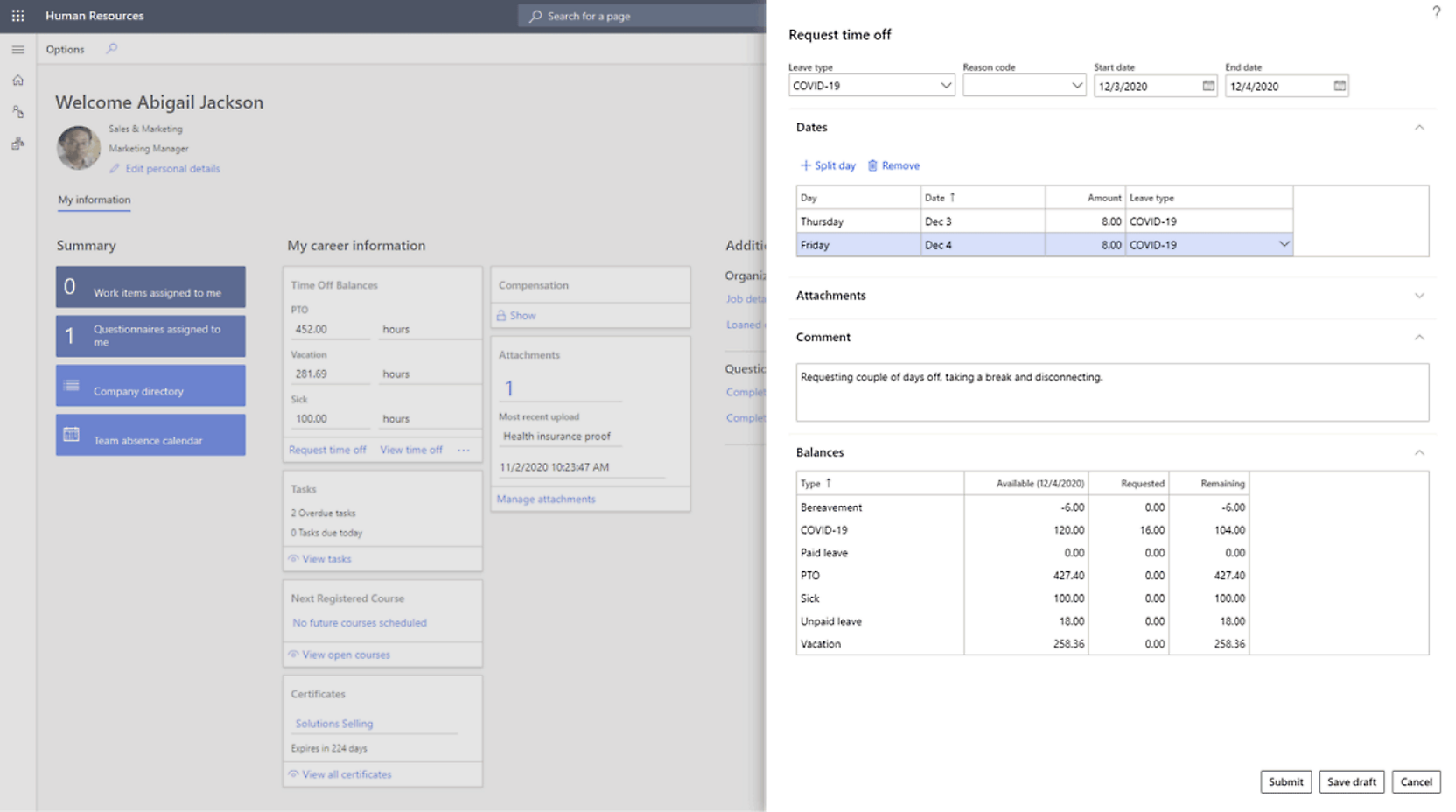 A screenshot of a time-off request form in an HR portal, showing an employee's balances, requested dates