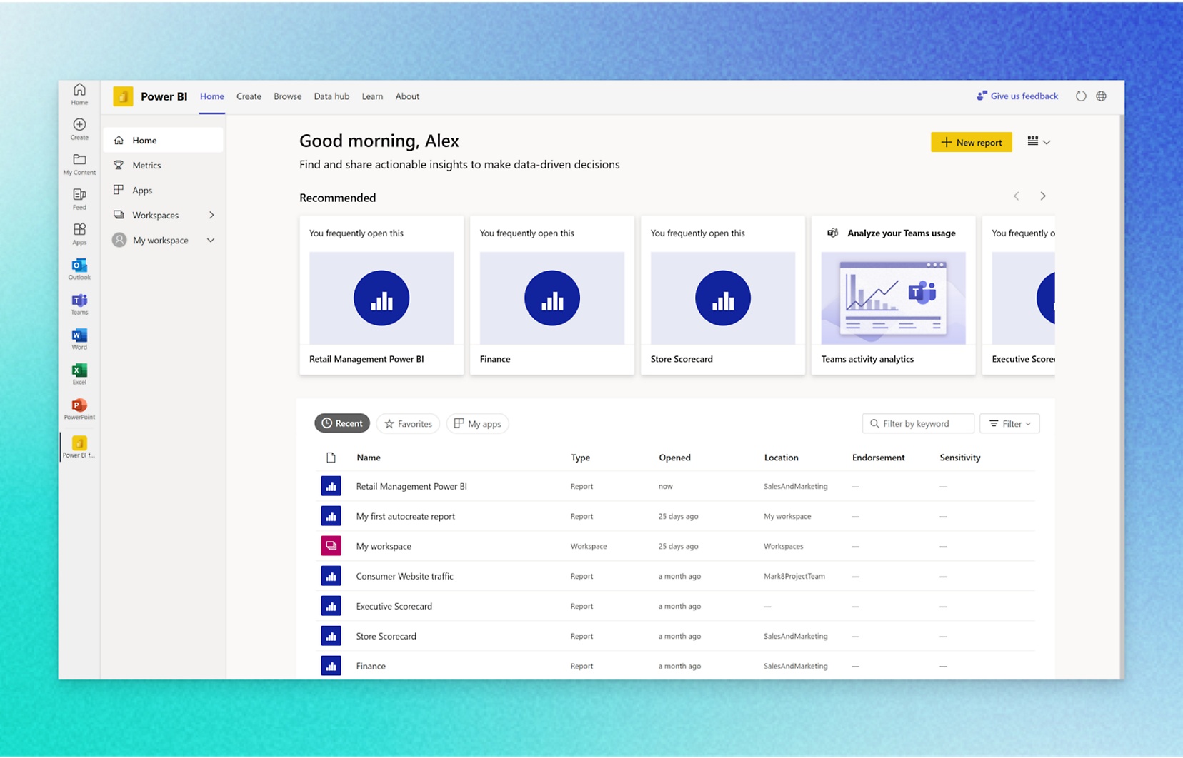 Power BI-startpagina met opties voor het maken van gegevenshubs, erdoor te bladeren en ze te bekijken, met recente rapporten en werkruimten.