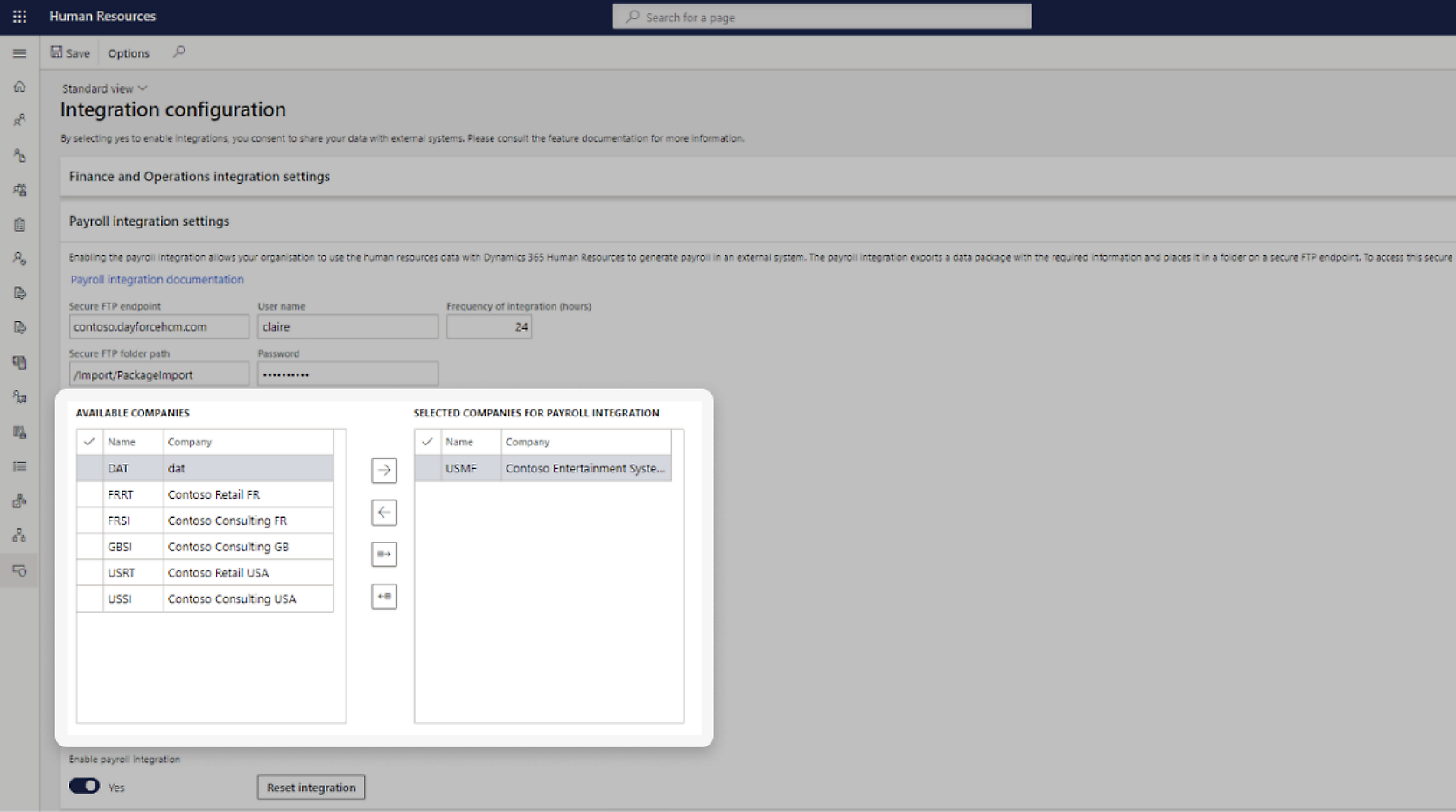 A software interface showing integration settings for payroll with options to select and review commands from a list. 