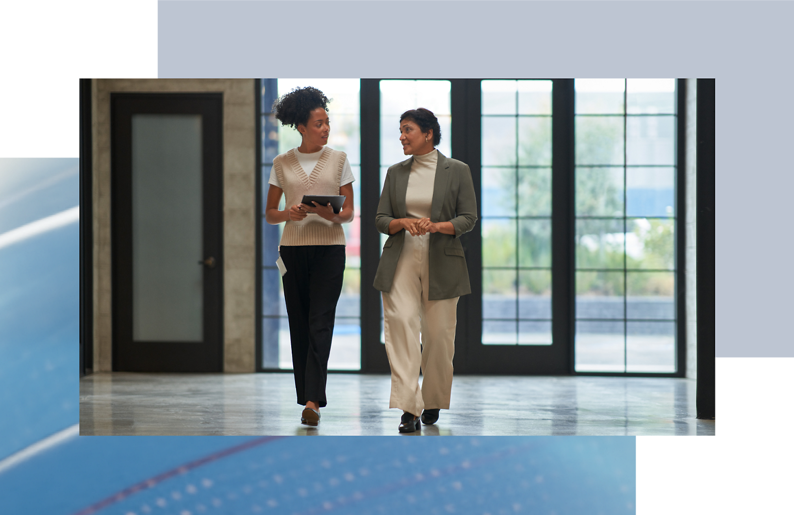 A screenshot of a video of two women walking