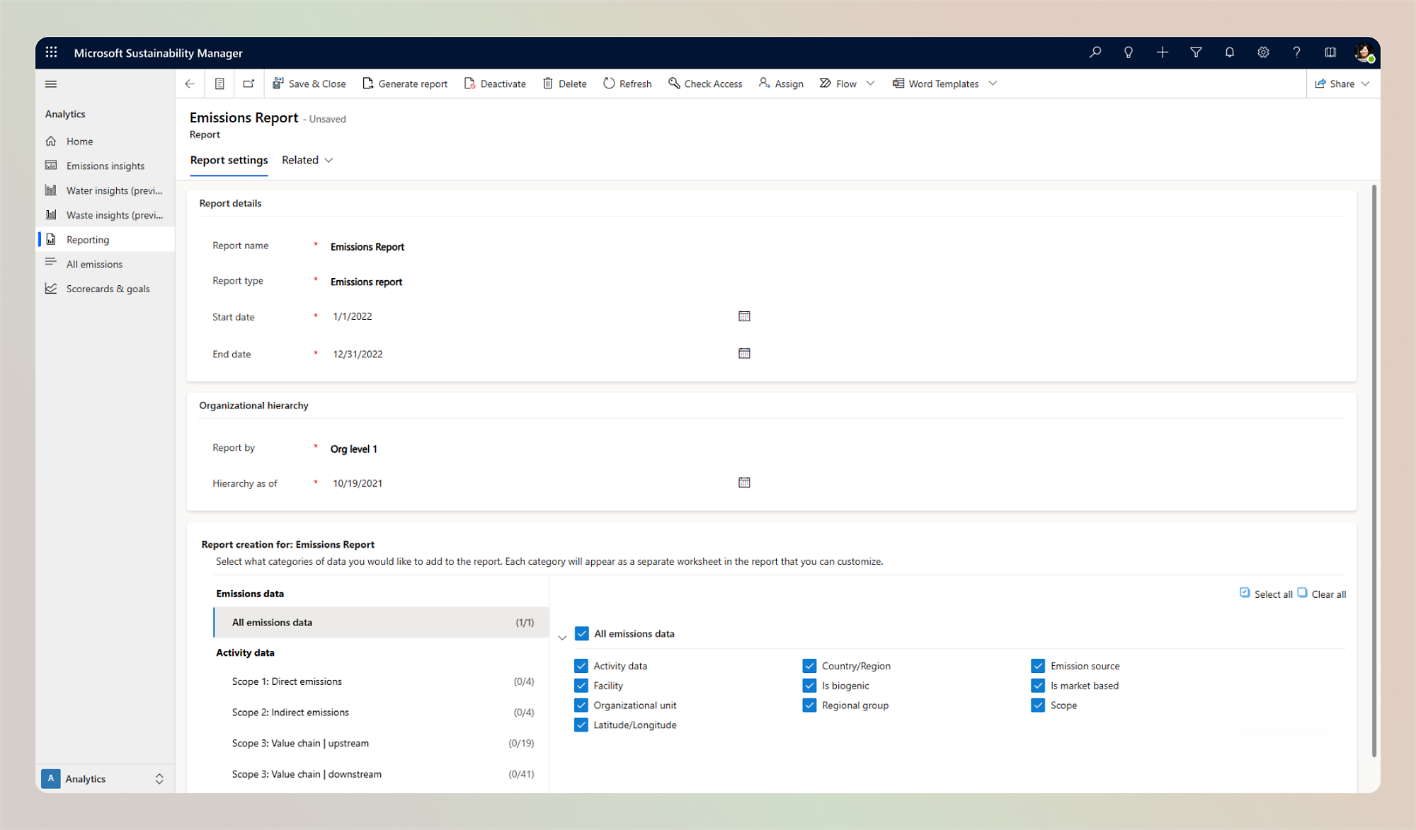 Microsoft Sustainability Manager interface Screenshot displaying emissions report