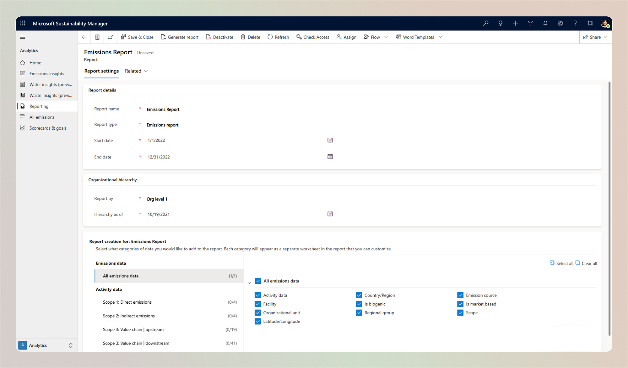 Microsoft Sustainability Manager 界面的屏幕截图，其中显示了排放报表