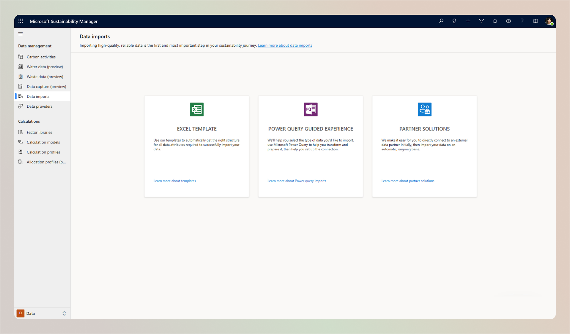 Microsoft Sustainability Manager interface Screenshot displaying data imports