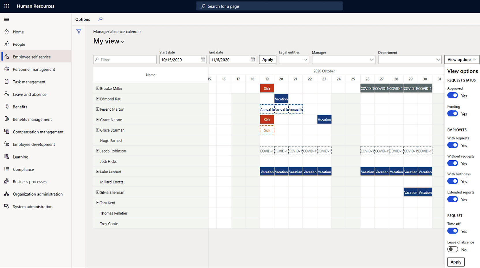 Uma interface de calendário de ausência gerencial mostra o status de saída do funcionário, os intervalos de datas e os detalhes relacionados. 