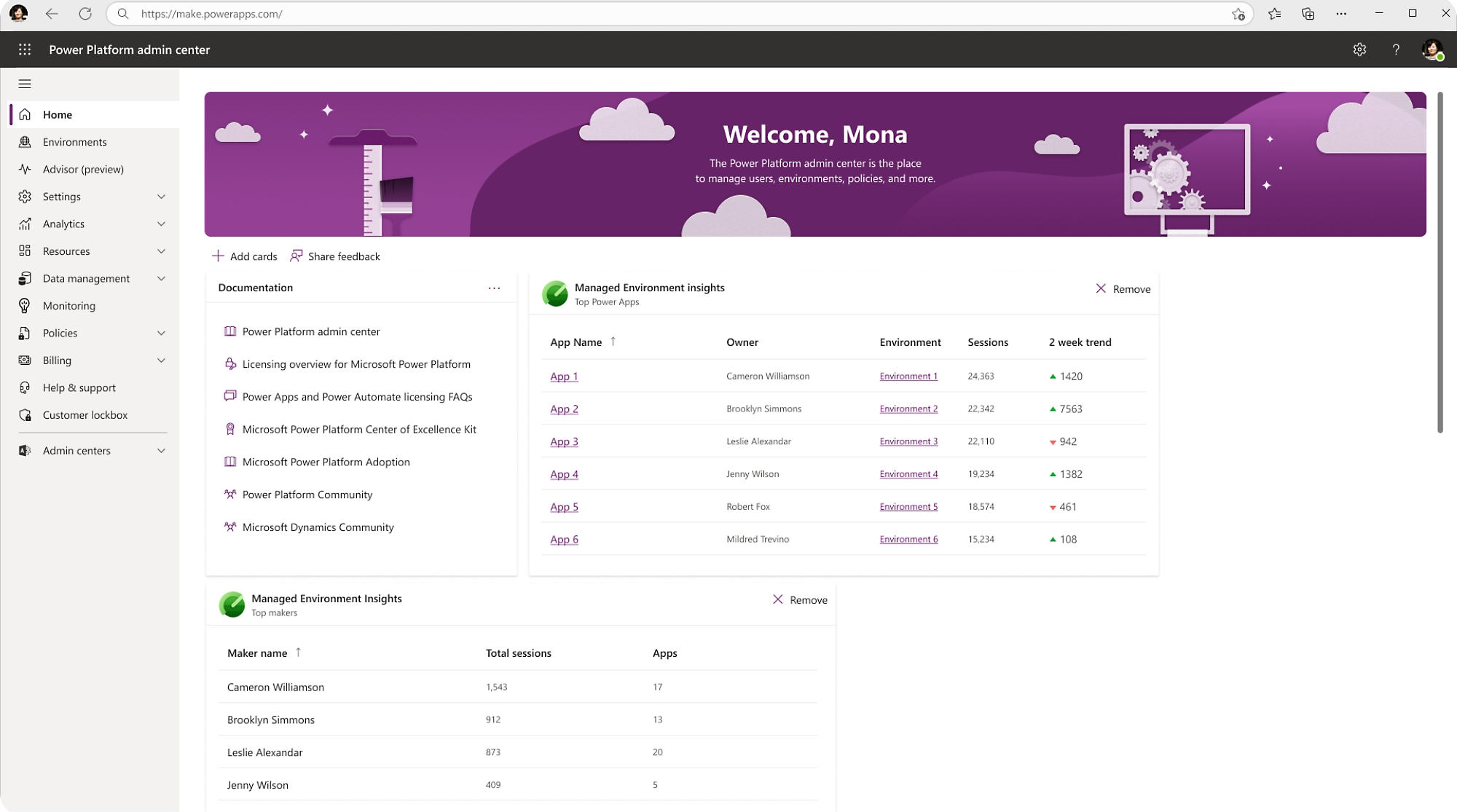 Microsoft Power Platforms admin center dashboard.