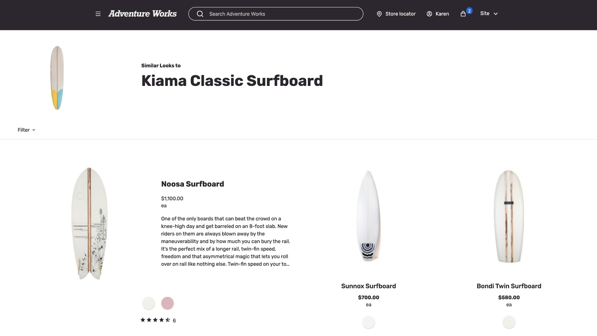 Listagens de surfboard da Adventure Works com preços: Surfboards Kiama Classic, Noosa, Sunnox e Bondi Twin